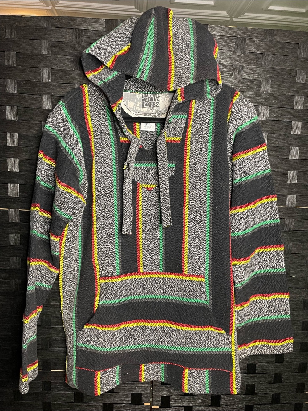 VTG 90s Original Señor Lopez Mexican Blanket Woven Pullover Hoodie Size XL